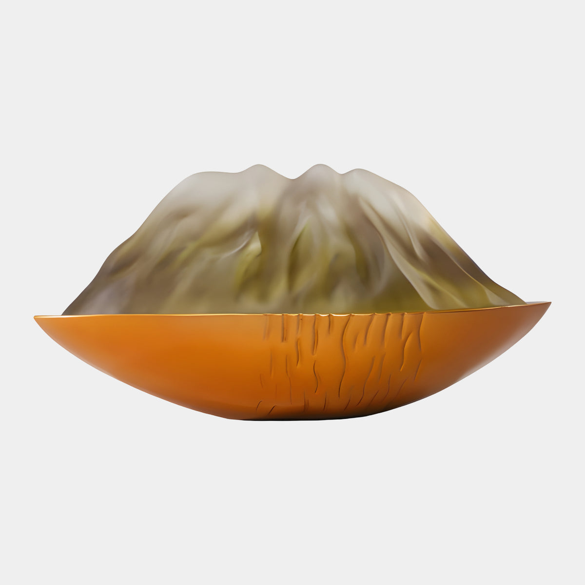 Orange & Olive Peak Ridge Hull Resin Sculpture, 50cm, with a glossy orange grooved hull beneath frosted pale olive peaks, on a plain light background.