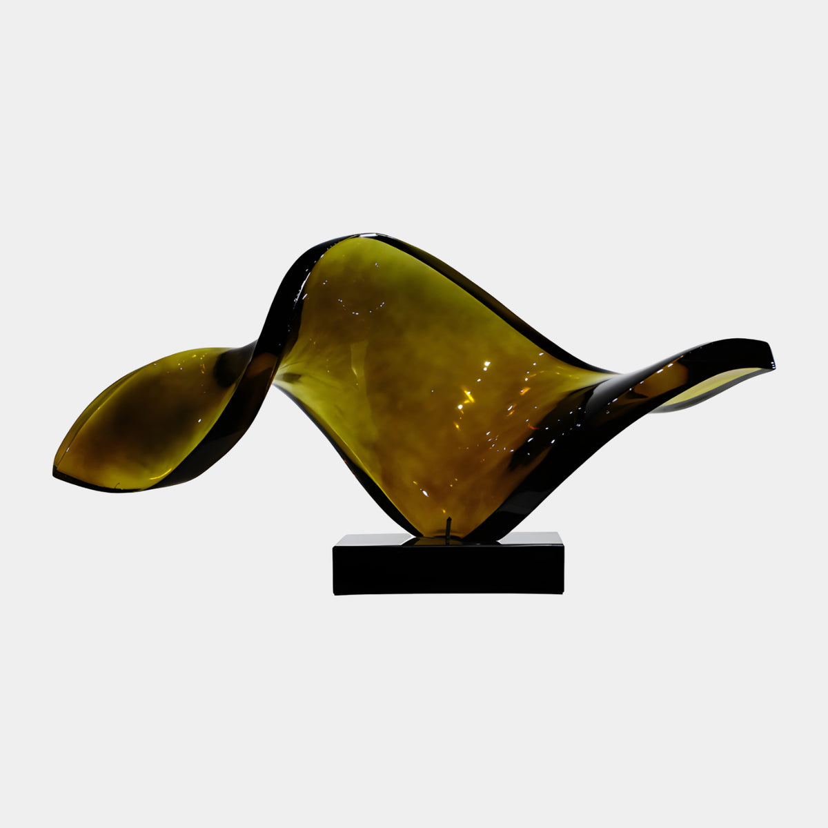 Olive Twisted Ribbon Sweep Resin Sculpture, 96cm, glossy olive-to-black ribbon form on a black block base, shown against a plain white background.
