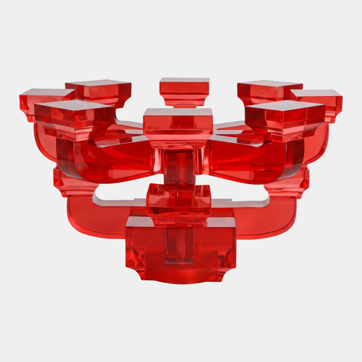 Red Chinese Bracket Set Resin Sculpture (111cm) with tiered branching arms in translucent red resin, capped by square blocks, on a plain white background.