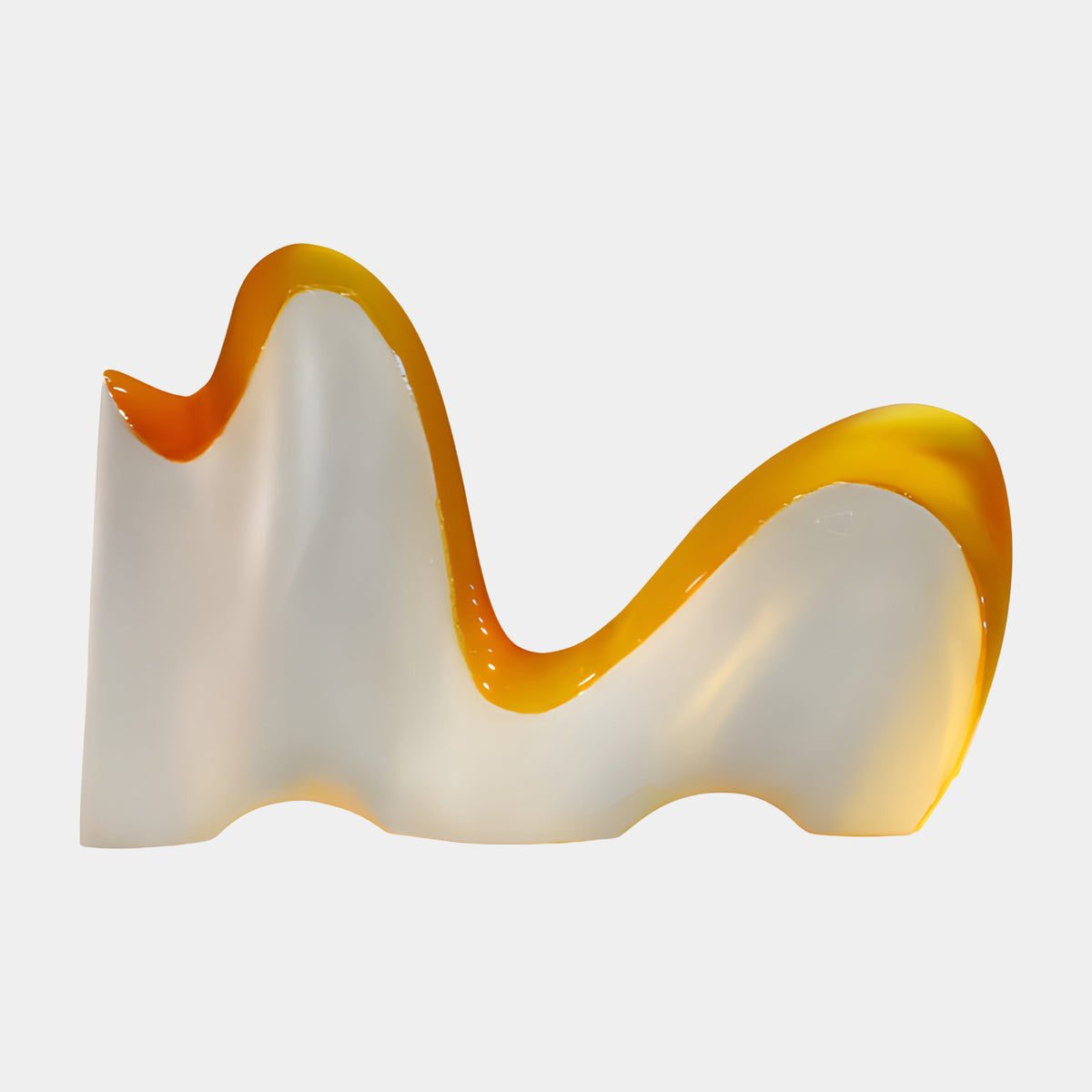 White & Orange Wave Profile Resin Sculpture - 20cm, a flat wave-form silhouette in opaque white with amber-edged top, three feet, shown on a plain white background.