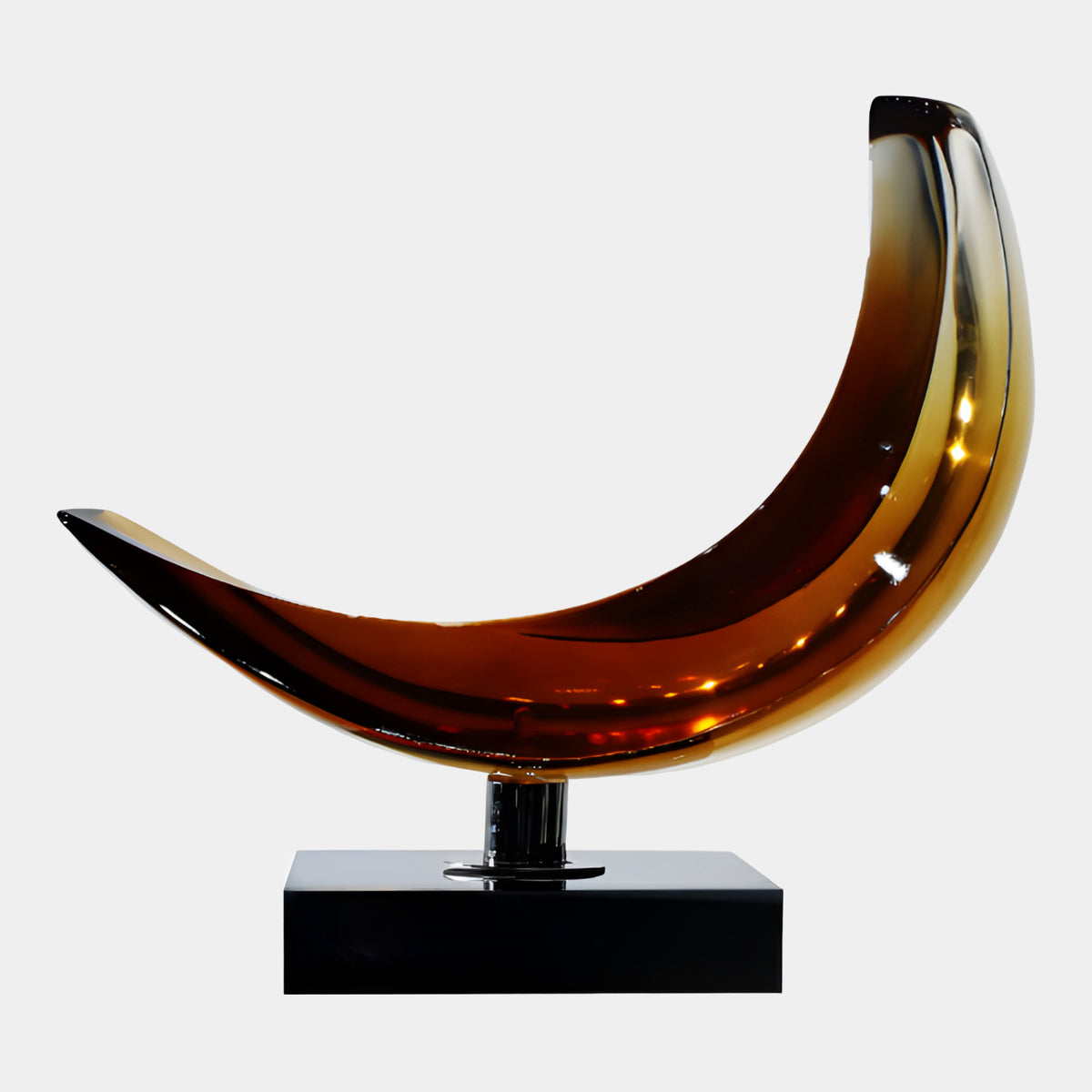 Deep Amber Crescent Steel Stem Resin Sculpture, 57cm, curved amber resin form on a polished steel stem and black base, plain white background.