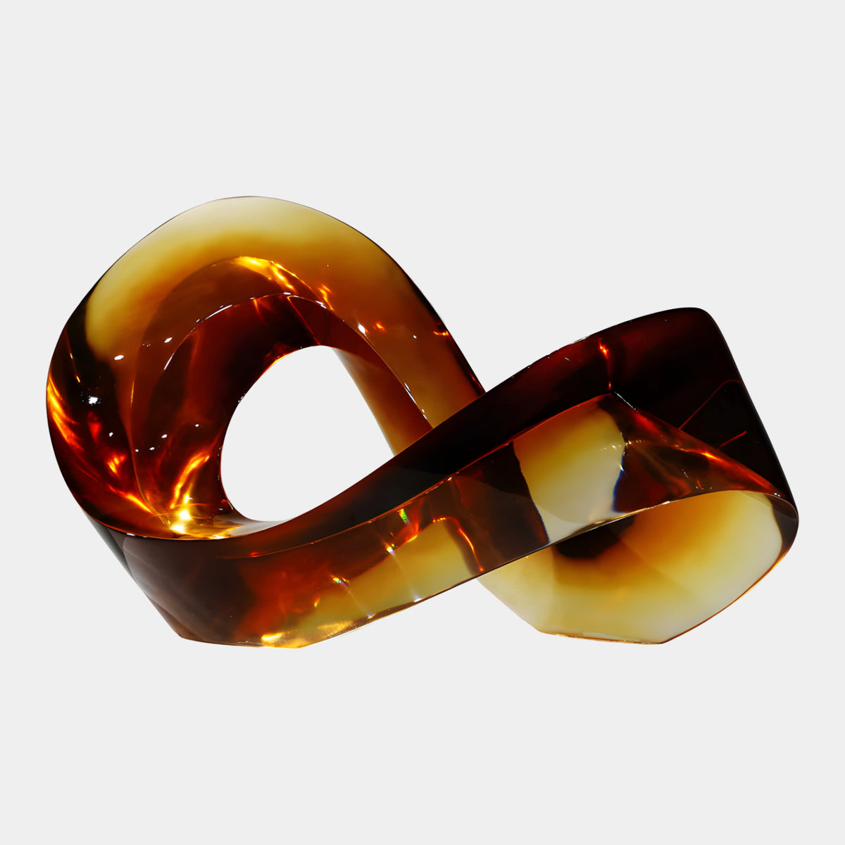 Orange Faceted Figure of Eight Resin Sculpture, 80cm, amber cast resin in a figure-eight form with a rounded loop and faceted lobe, on a plain white background.