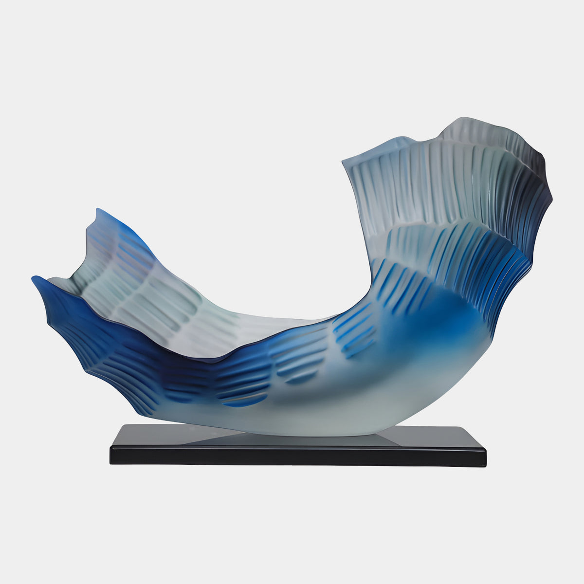 Blue Combed Torn-Rim Cradle Resin Sculpture, 35cm, frosted resin with ribbed texture and cobalt-to-grey gradient, on a black base against a plain white background.
