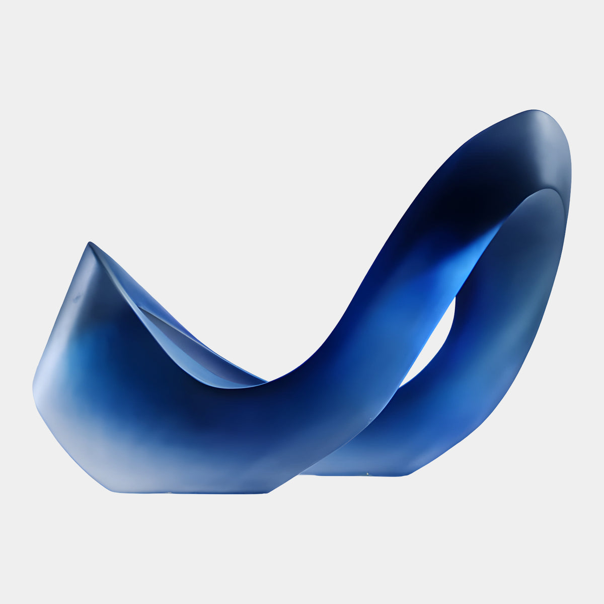 Blue Matt Folded Double Lobe Resin Sculpture, 45cm, with one looping arched lobe and one folded pointed scoop, matt frosted finish shading from dark to cobalt blue, shown on a plain white background.
