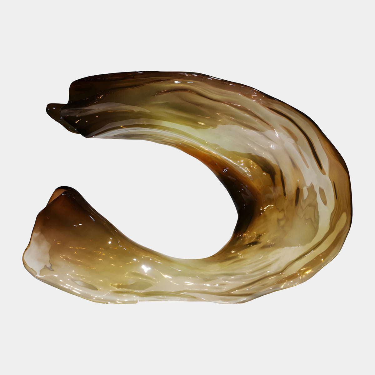 Brown Marbled Open Arc Curl Resin Sculpture, 80cm, C-shaped with swirled brown and cream tones and a rippled polished finish, on a plain white background.