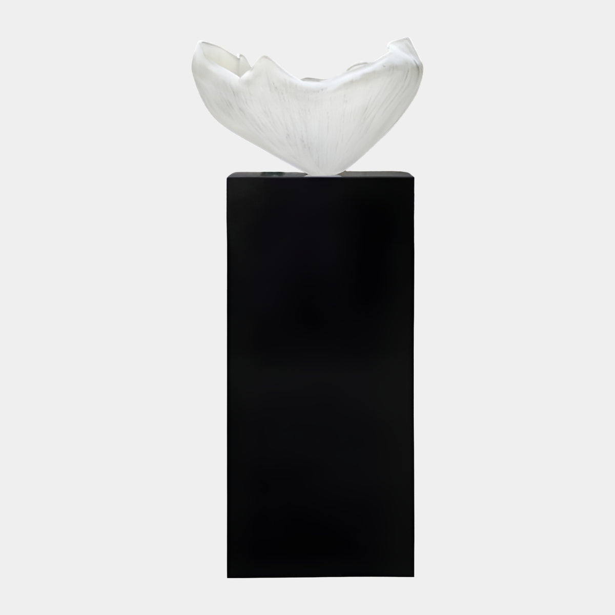 White Torn Rim Cupped Form Resin Sculpture, 125cm, white textured wing-like cup on a tall black plinth, plain white background.