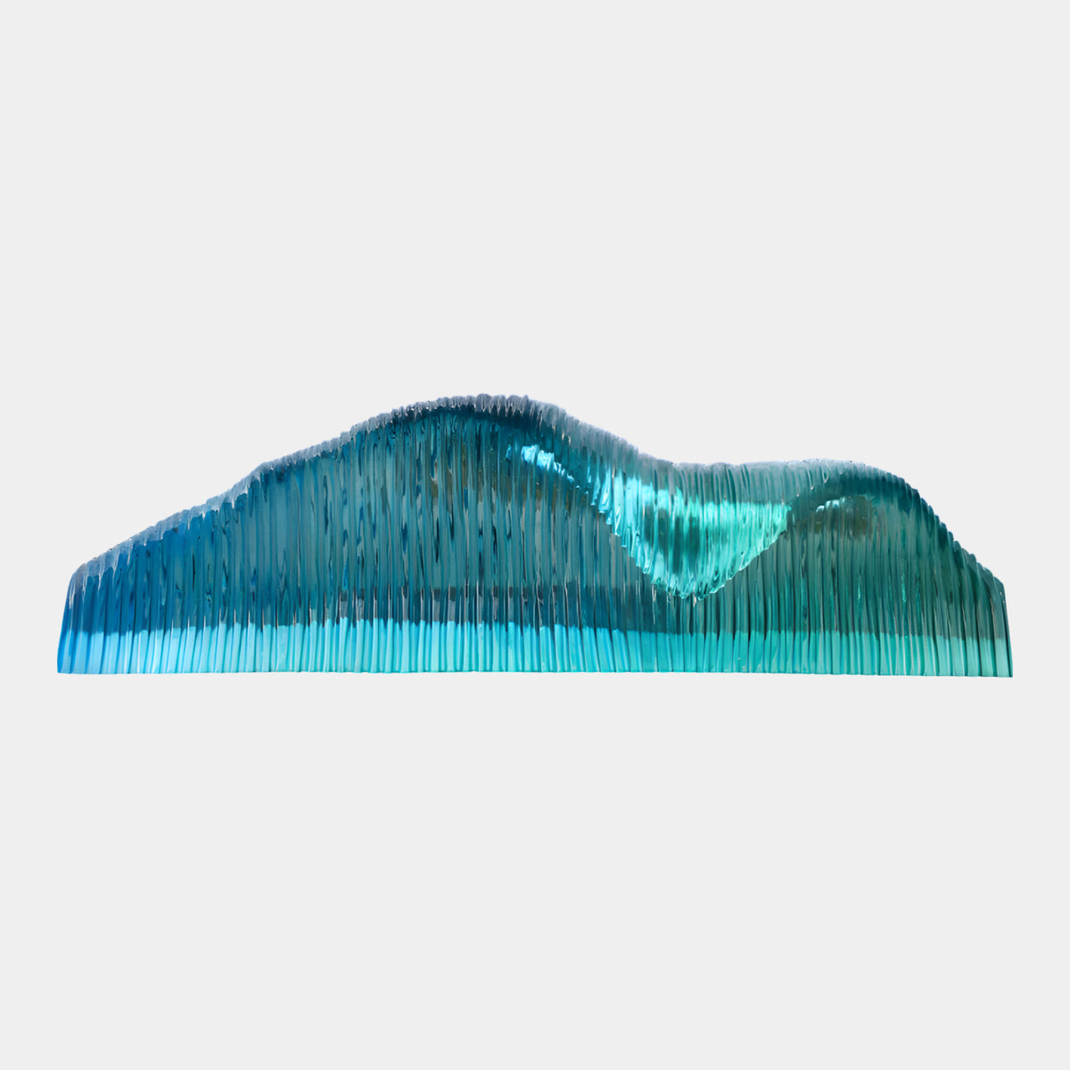 Aqua Fluted Rolling Ridge Resin Sculpture, 150cm, a fluted teal-blue resin piece with an undulating ridge and deep hollow, shown against a plain white background.