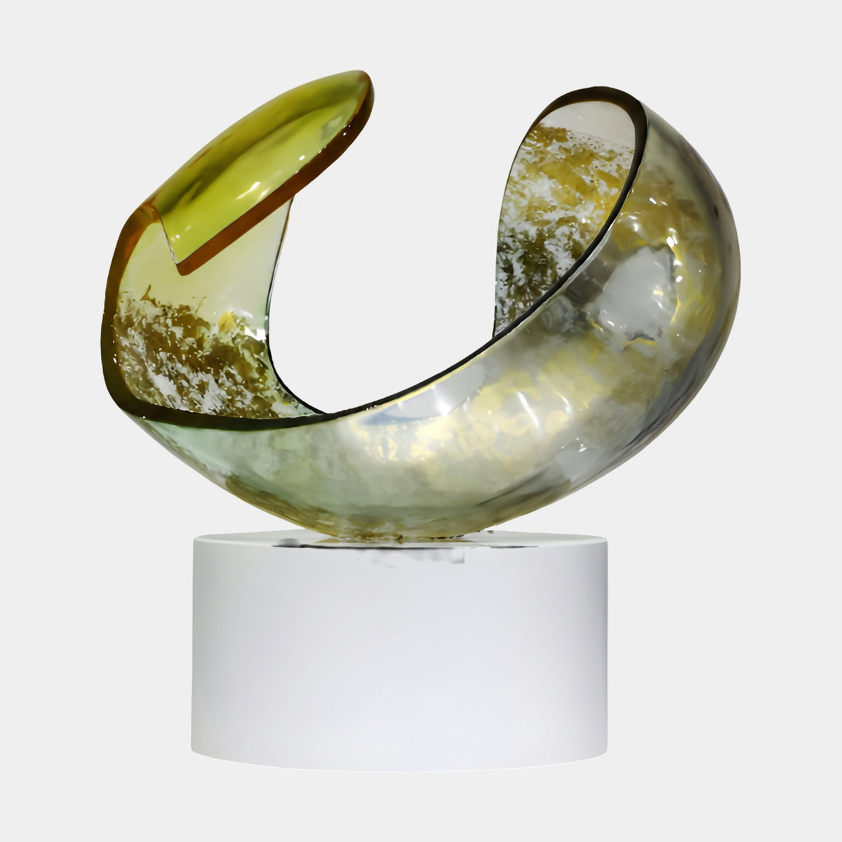 Olive Gold Fleck Curl Resin Sculpture, 60cm, a curled pale olive resin form with gold-flecked interior on a white cylindrical base, set against a plain light background.