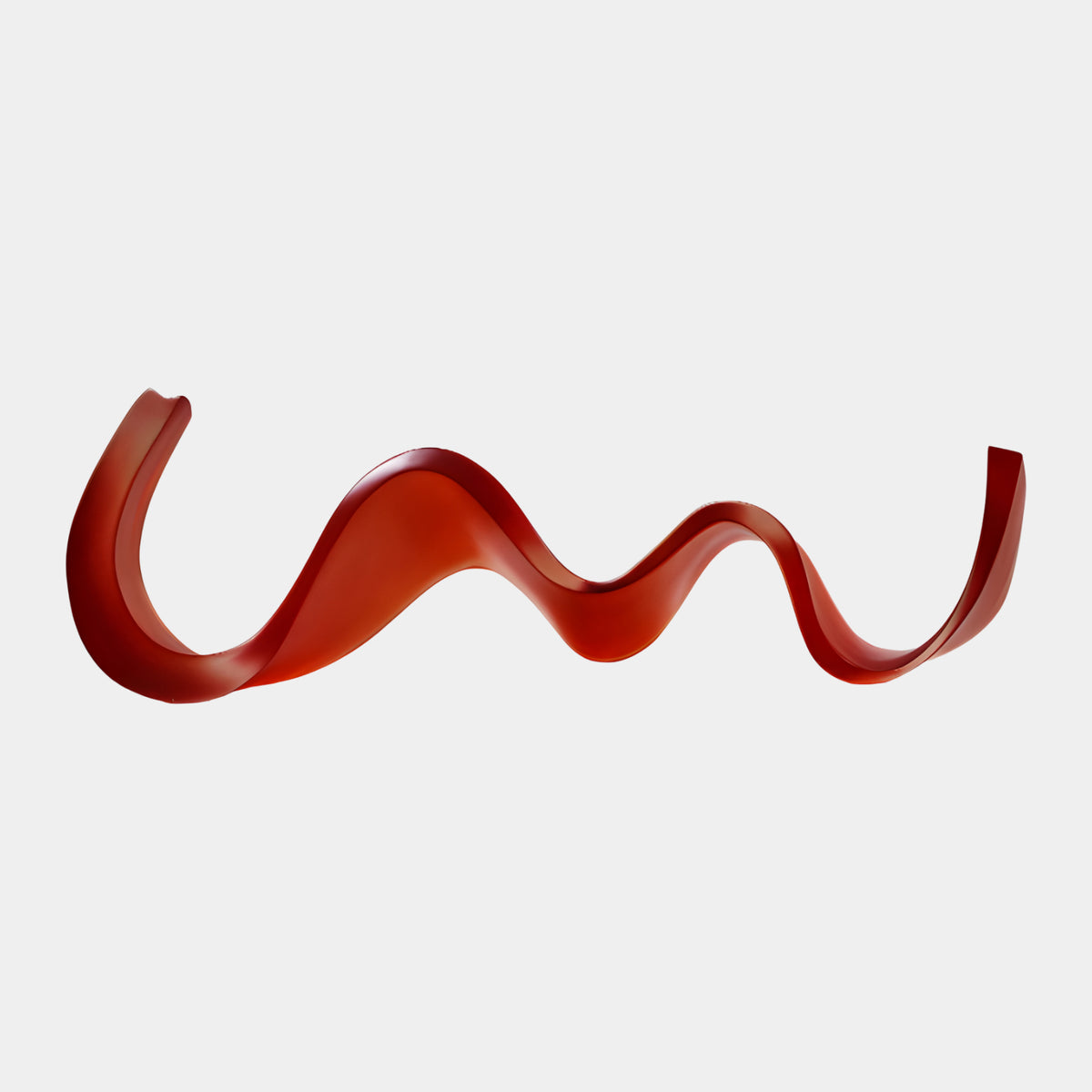 Deep Red Standing Wave Ribbon Resin Sculpture - 93cm, a flat ribbon form with four S-curves, curled left end and squared right end, on a plain white background.