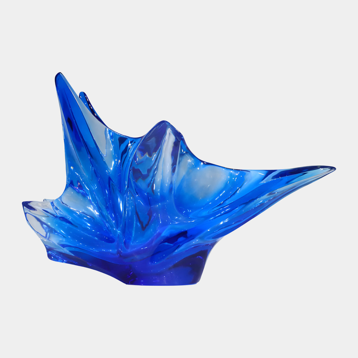 Cobalt Blue Opened Splash Resin Sculpture - 90cm, five polished points rising from a narrow foot, deep blue base to bright tips, on a plain white background.