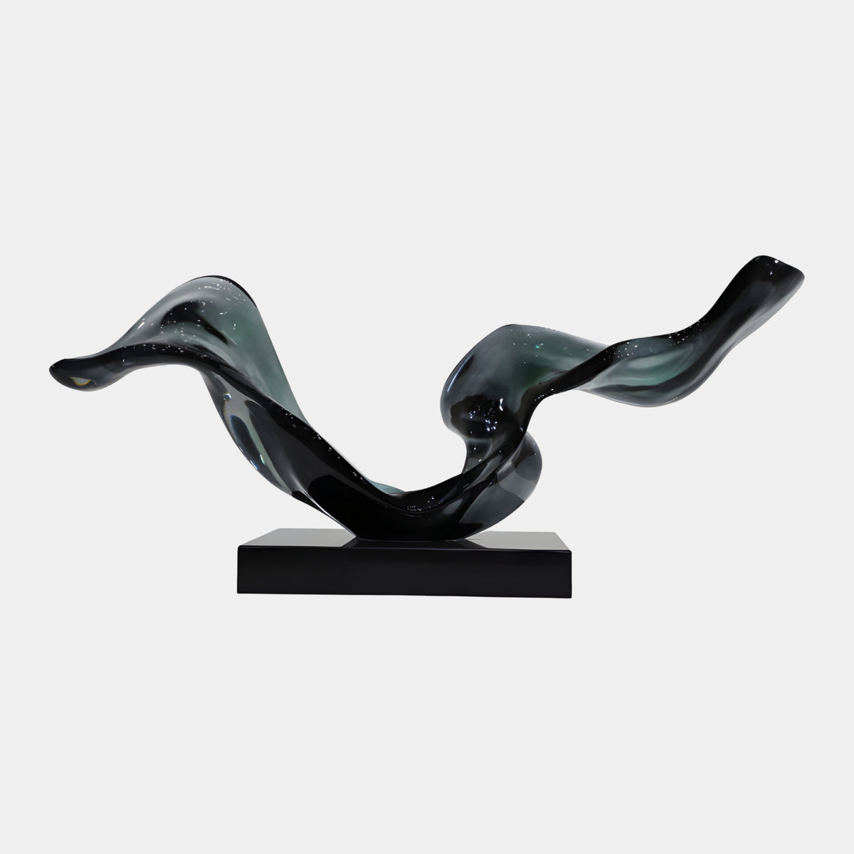 Long Black & Green Double Wave Resin Sculpture, 82cm, glossy black form with green accents at the crests, on a black marble base, plain white background.