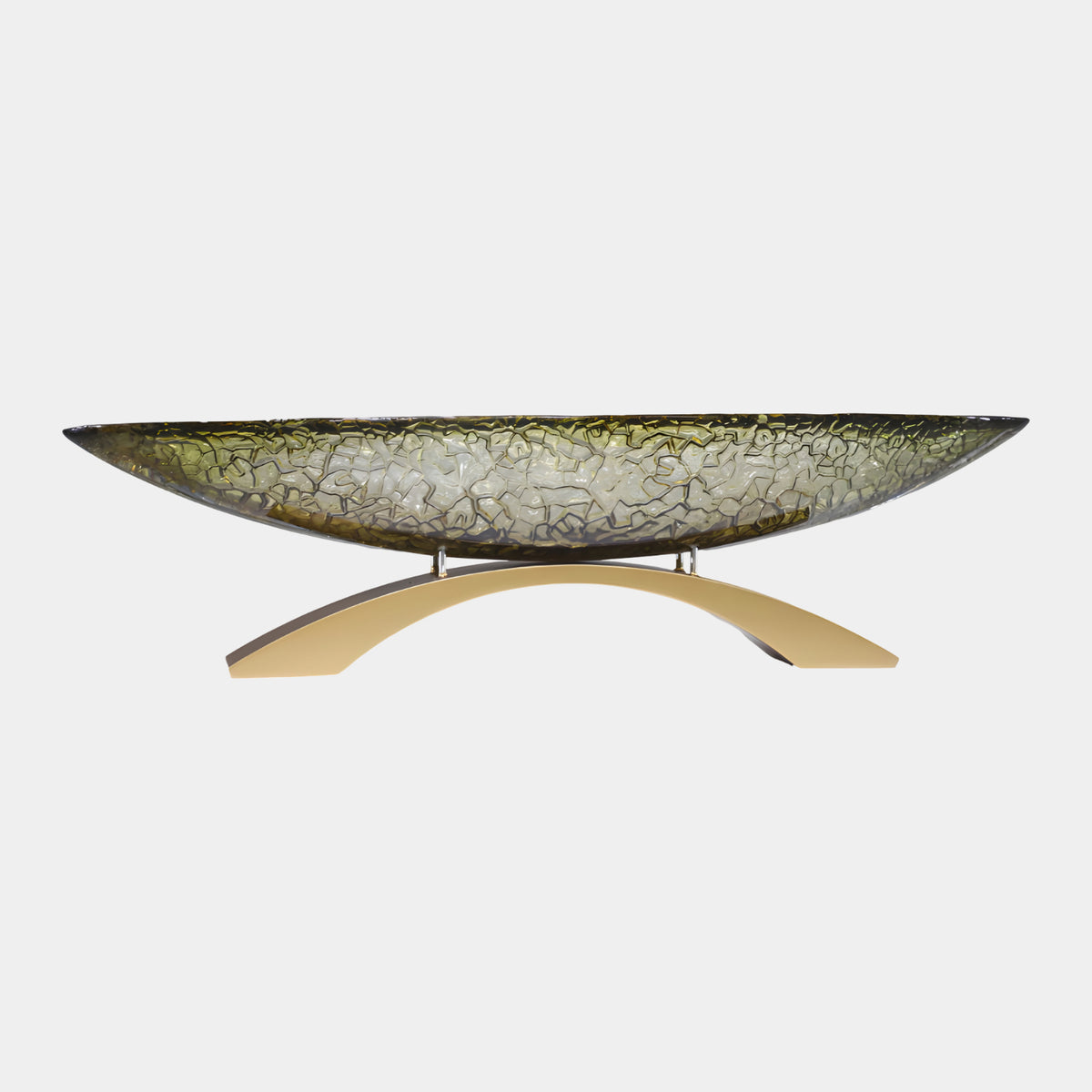 Amber Crackled Boat Dish on Metal Arch Resin Sculpture, 100cm, boat-shaped amber-gold crackled resin dish on a gold-toned steel arch base, shown against a plain white background.