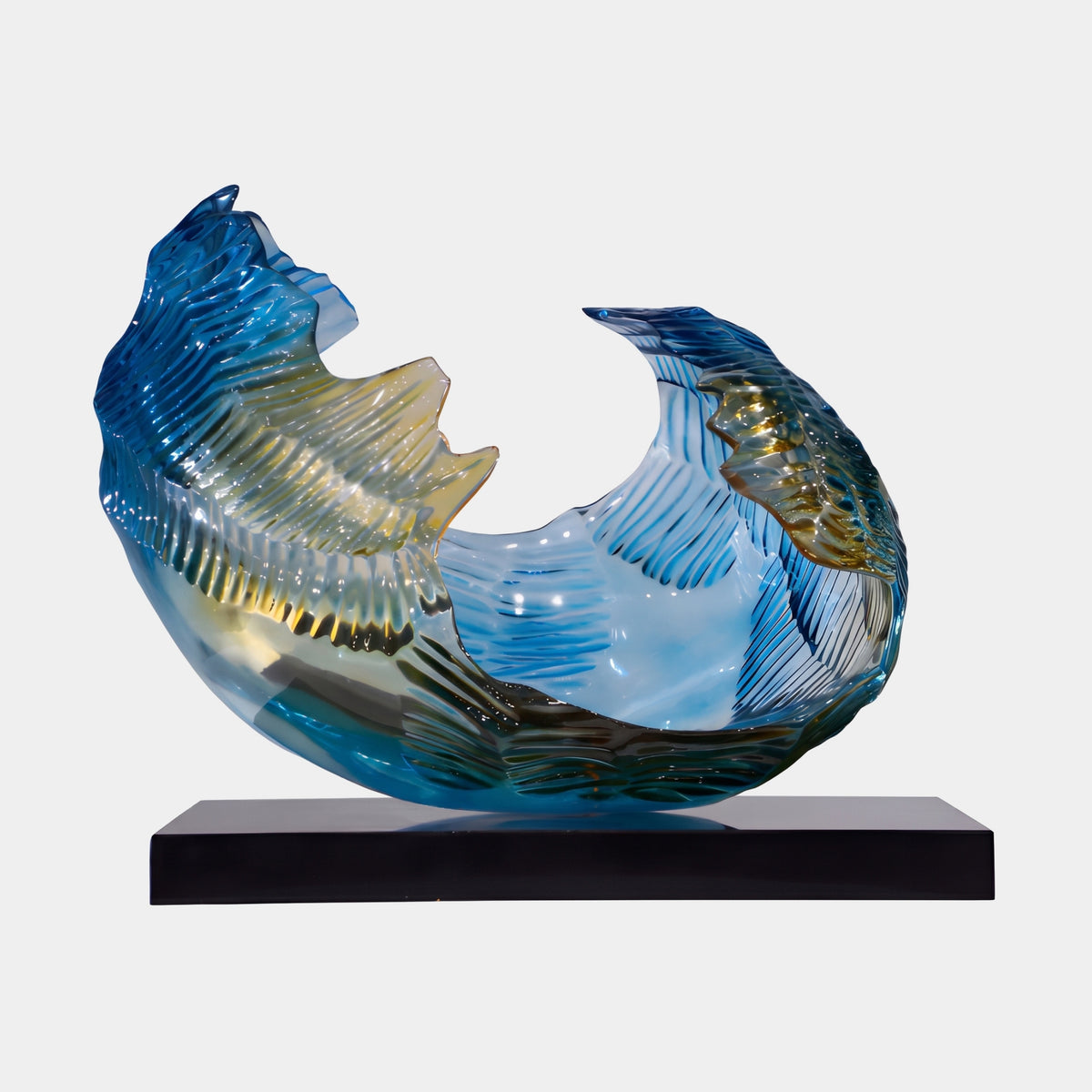 Blue & Yellow Combed Splash Wave Resin Sculpture, 80cm, curling wave form with ridged blue and amber tones on a black marble base, plain white background.