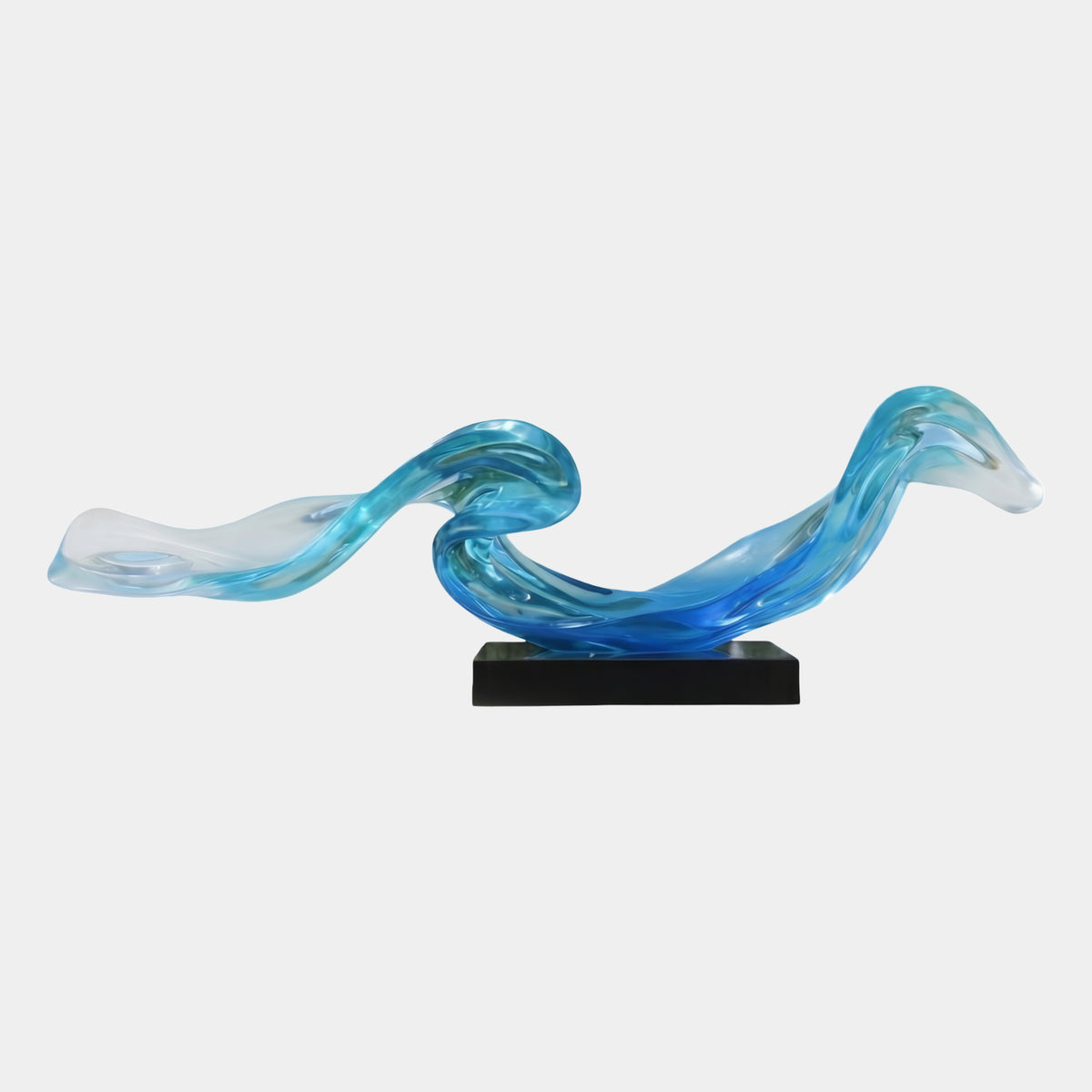 Blue & Clear Looping Ribbon Wave Resin Sculpture, 230cm, curling ribbon of water fading from clear tips to blue at the loop, on a black marble base against a white background.