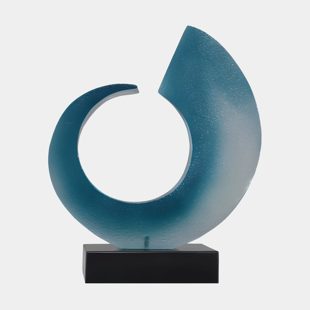 Blue Frosted Crescent Blade Resin Sculpture - 51cm, a petrol blue frosted crescent with a round opening on a black base, set against a plain light background.