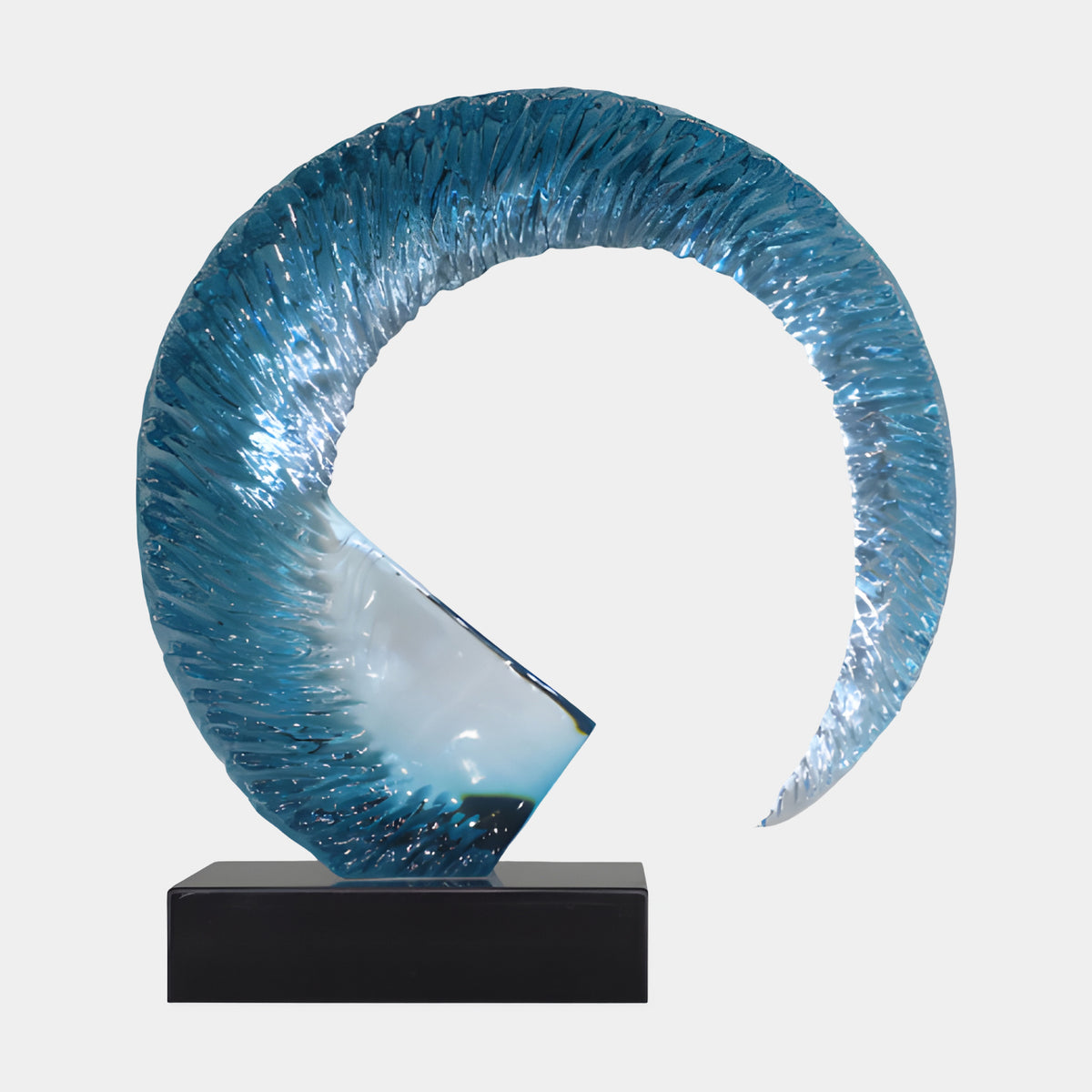 Blue Ribbed Wave Crescent Resin Sculpture - 51cm, a ribbed blue crescent with a smooth wedge-shaped base on a black stand, set against a plain white background.