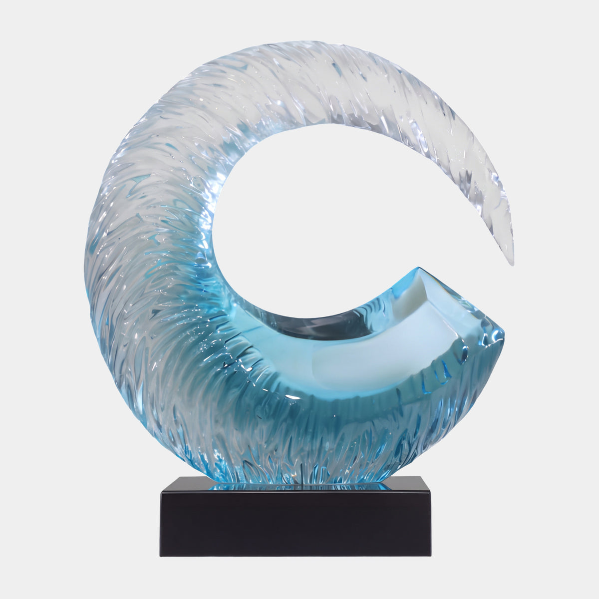 Pale Blue Ribbed Wave Crescent Resin Sculpture, 51cm, a C-shaped form with ribbed texture and a smooth polished channel, on a black base against a plain white background.
