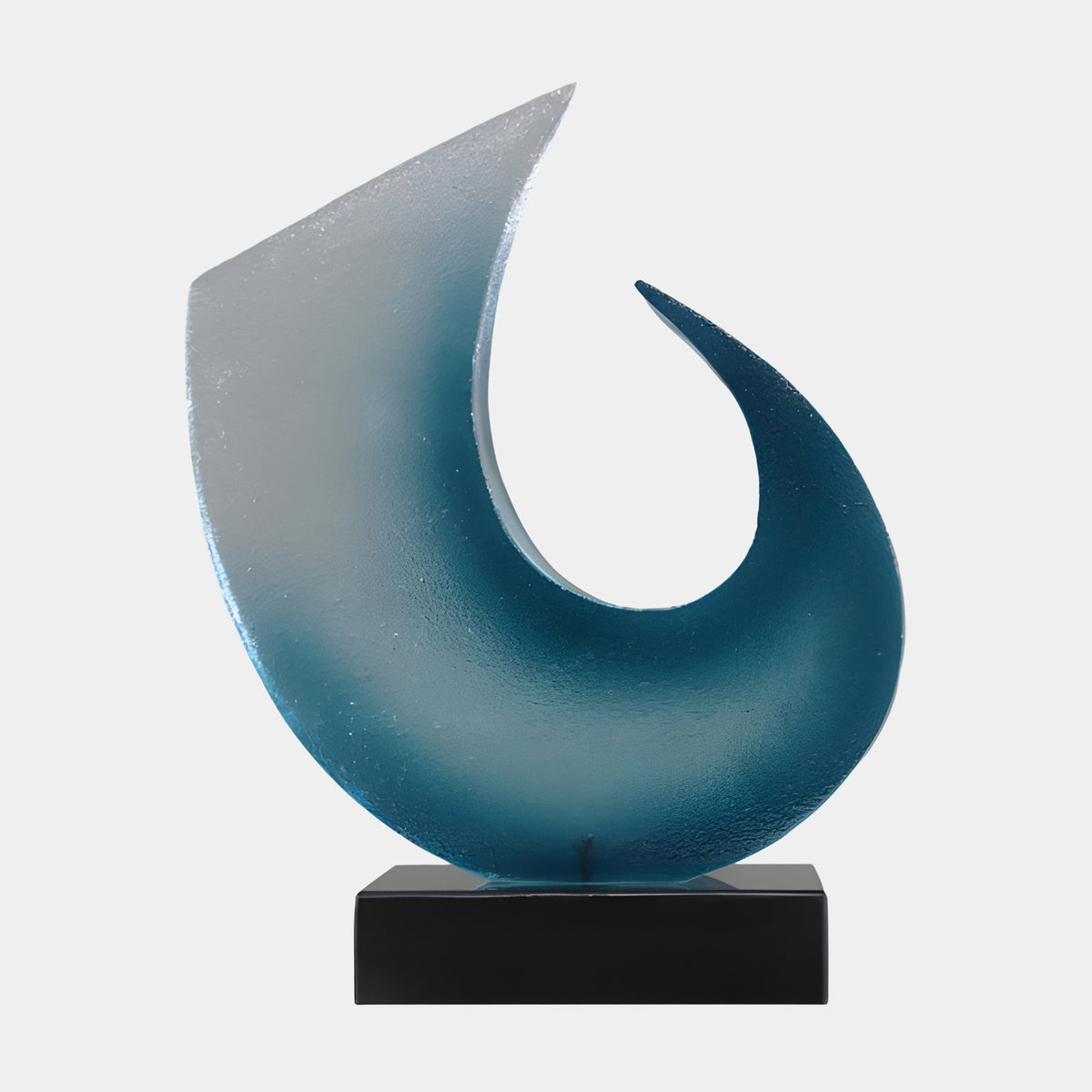Blue Frosted Hooked Blade Resin Sculpture - 51cm, an open hook form fading from teal at the base to frosted white at the blade's tip, on a black base against a plain background.