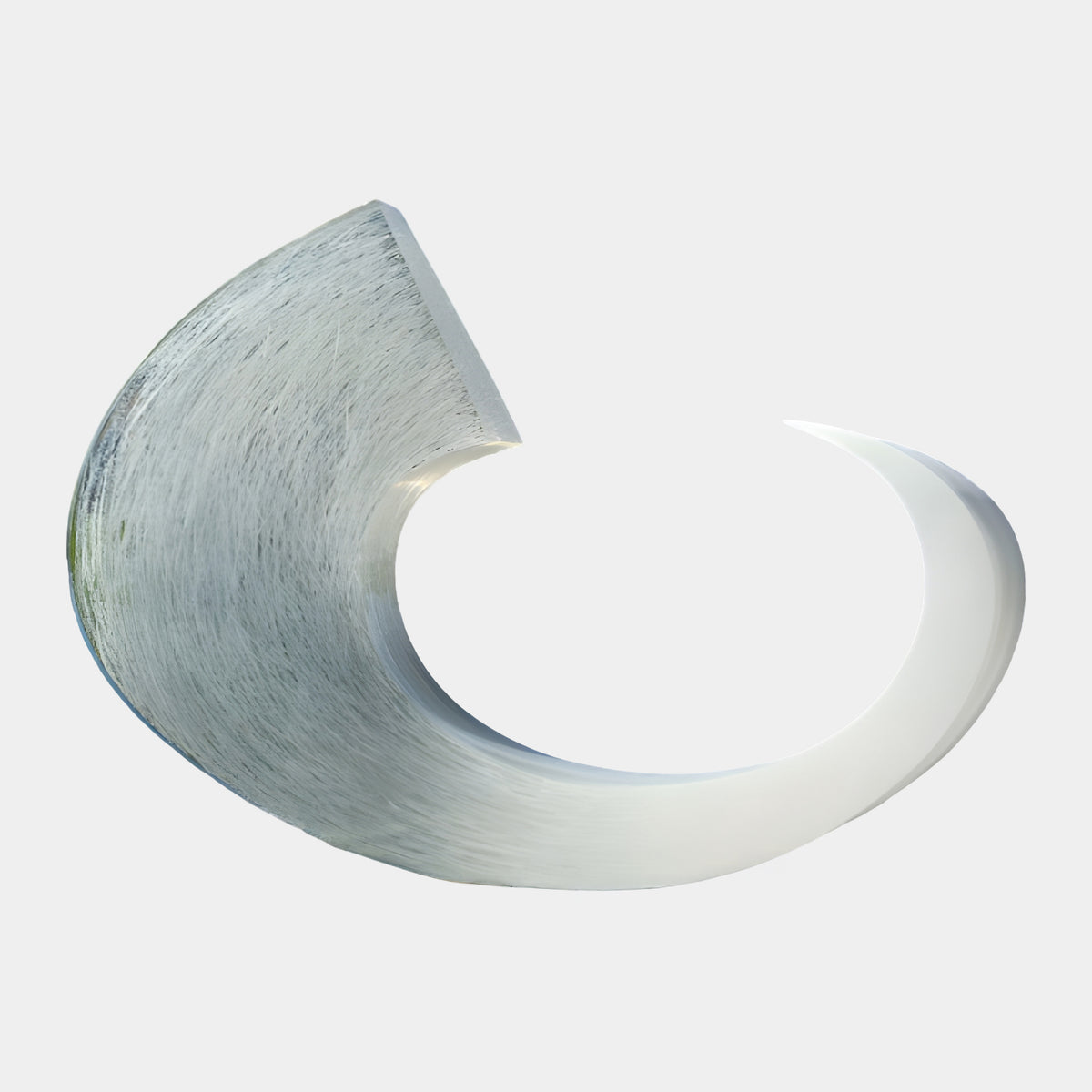 Frosted Etched Crescent Resin Sculpture - 160cm, a curved resin form with fine etched lines on one end and a smooth tapered horn tip, shown on a plain white background.