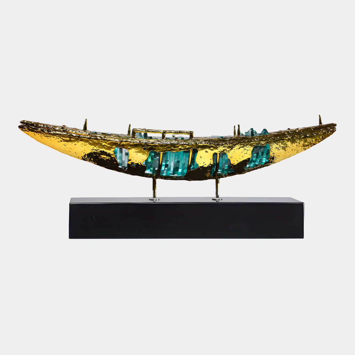 Mirror Gold & Teal Open Hull Boat Metal & Acrylic Sculpture, 90cm, hammered gold hull with teal acrylic slats, raised on a black marble base against a plain light background.