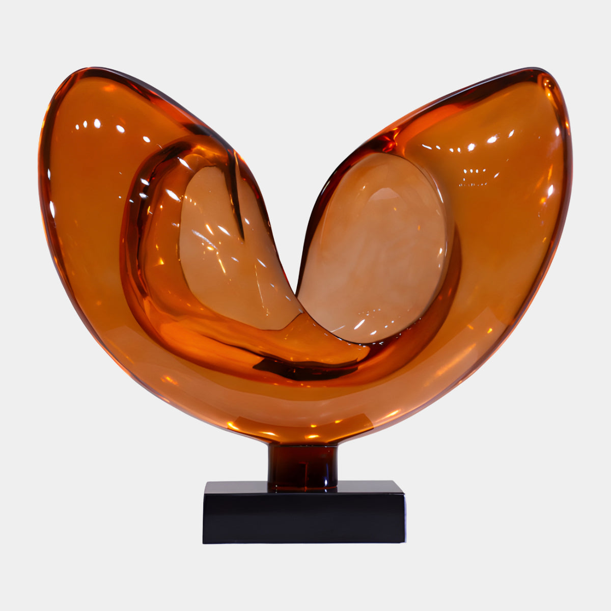 Orange Opening Twin-Lobe Shell Resin Sculpture, 69cm, with glossy amber lobes on a black base, shown against a plain white background.