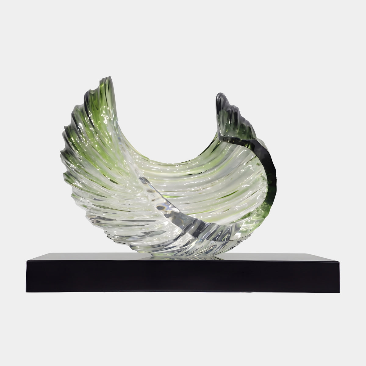 Clear Combed Shell Cradle Resin Sculpture, 60cm, with green-tinted torn edges, shown on a black base against a plain white background.