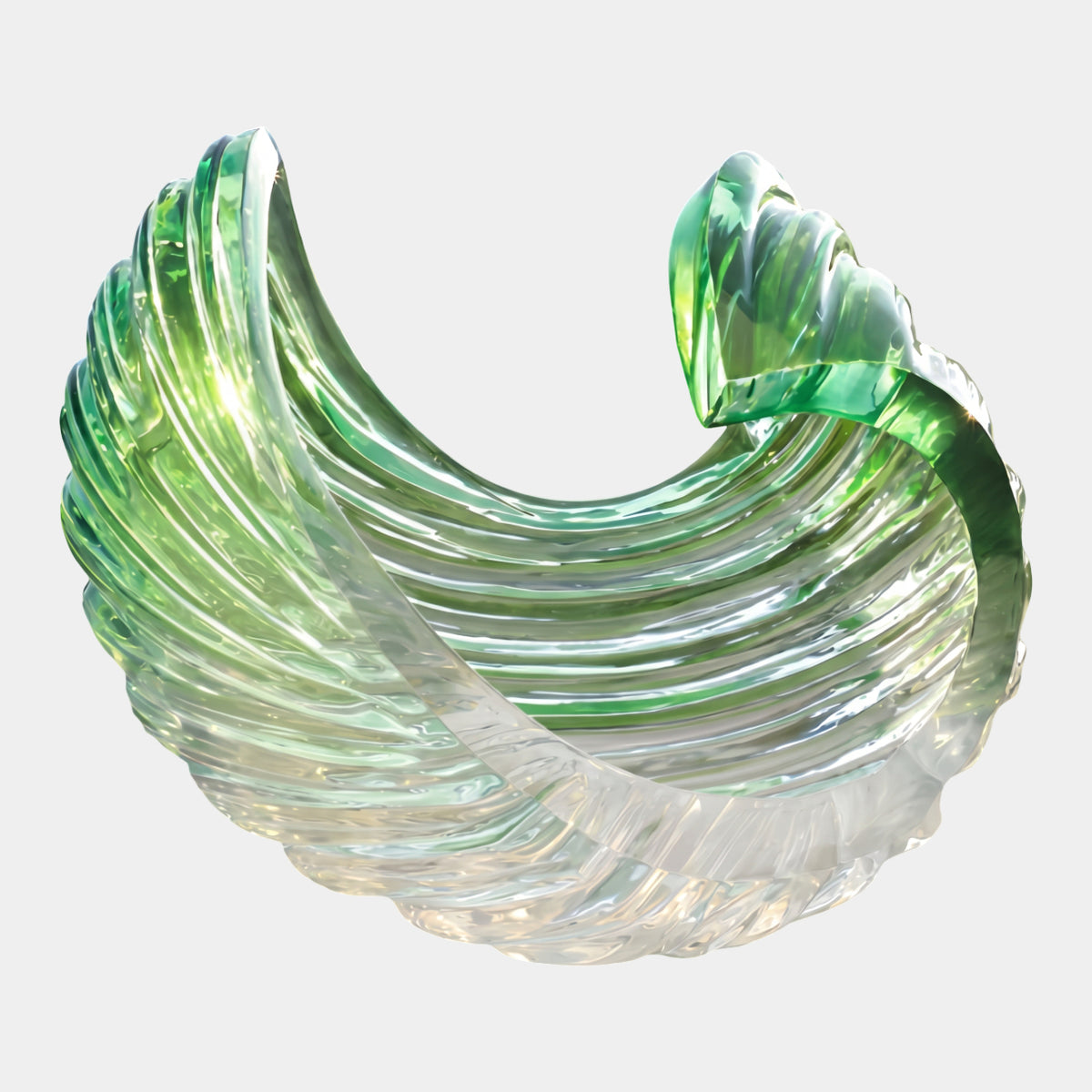 Green & Clear Ribbed Scroll Resin Sculpture, 148cm, curled scroll form with ribbed texture, green crests fading to clear, shown on a plain white background.