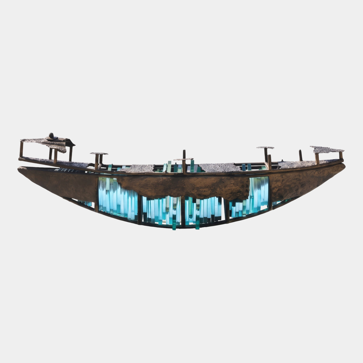 Antiqued Bronze-Toned & Aqua Open Hull Boat Metal & Acrylic Sculpture, 160cm, with textured decks on posts and aqua acrylic slats lining the hull, shown on a plain white background.