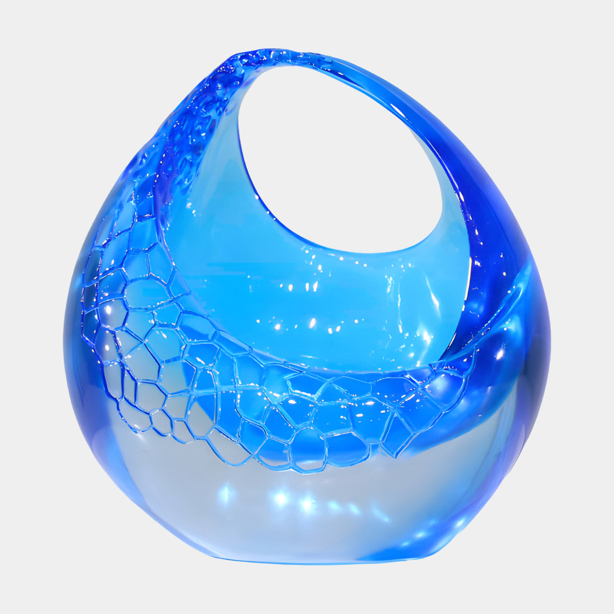 Blue Webbed Oval-Mouth Vessel Resin Sculpture, 20cm, rounded blue resin form with an arched rim and a raised cell-web band fading to pale blue, on a plain white background.