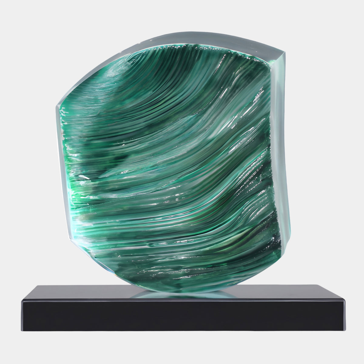 Green & Clear Streaked Slab Resin Sculpture - 30cm with sweeping green strokes across a clear-edged resin slab on a black marble base, shown against a plain light background.