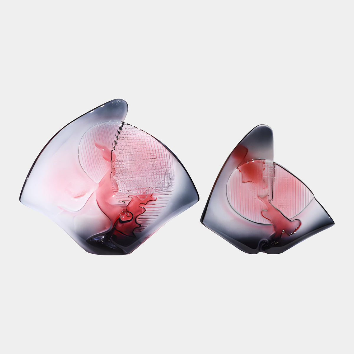Red & Grey Frosted Fan Panel Resin Sculpture in two sizes, 31/43cm, with clear cross-hatched window and red figure, on a white background.