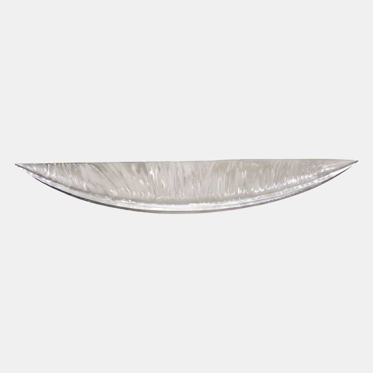 Clear Combed Long Boat Vessel Resin Sculpture, 155cm, elongated boat-shaped form with pointed ends and combed inner texture, shown on a plain white background.