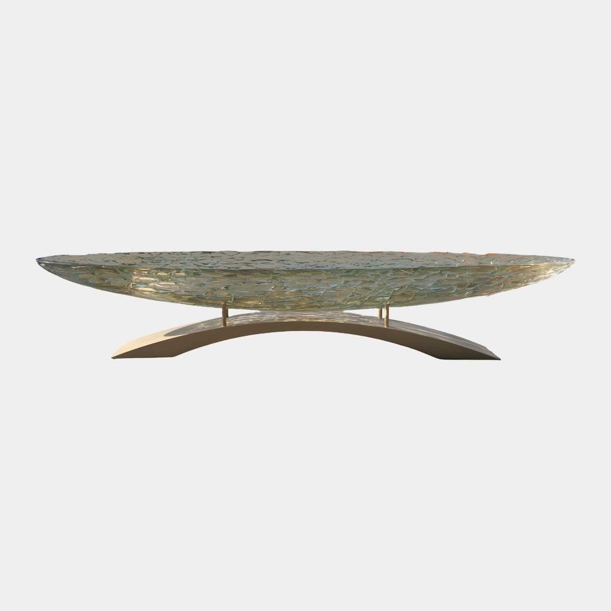 Pale Amber Netted Boat Vessel Resin Sculpture (140cm) with crackled amber-green finish, resting on slim pins over a champagne stainless steel arch base, on a plain white background.