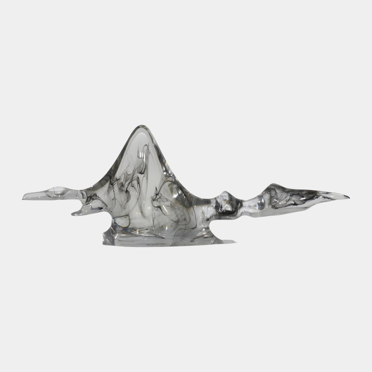 Clear Smoke-Trail Winged Peak Resin Sculpture, 80cm, with a pointed summit and outstretched wings swirled in grey smoke, shown on a plain white background.