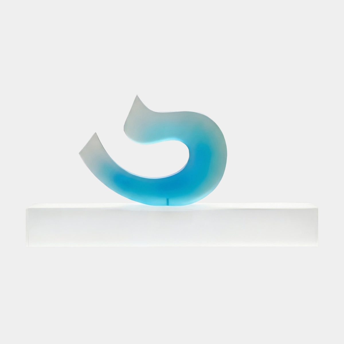 Blue Frosted Spiral Curl Acrylic Bar Sculpture (160cm) by Giant Sculptures, a frosted resin curl fading from deep aqua to white, mounted on a low acrylic bar against a plain white background.