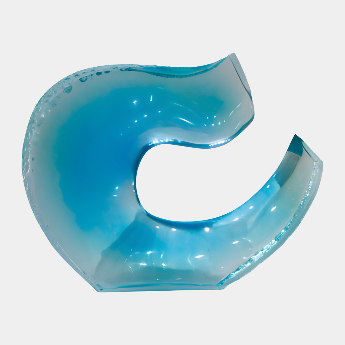 Aqua Bubble-Edged Hook Curl Resin Sculpture, 75cm, a glossy curved hook shape with pale aqua tones and a bubble-textured outer edge, shown on a plain white background.