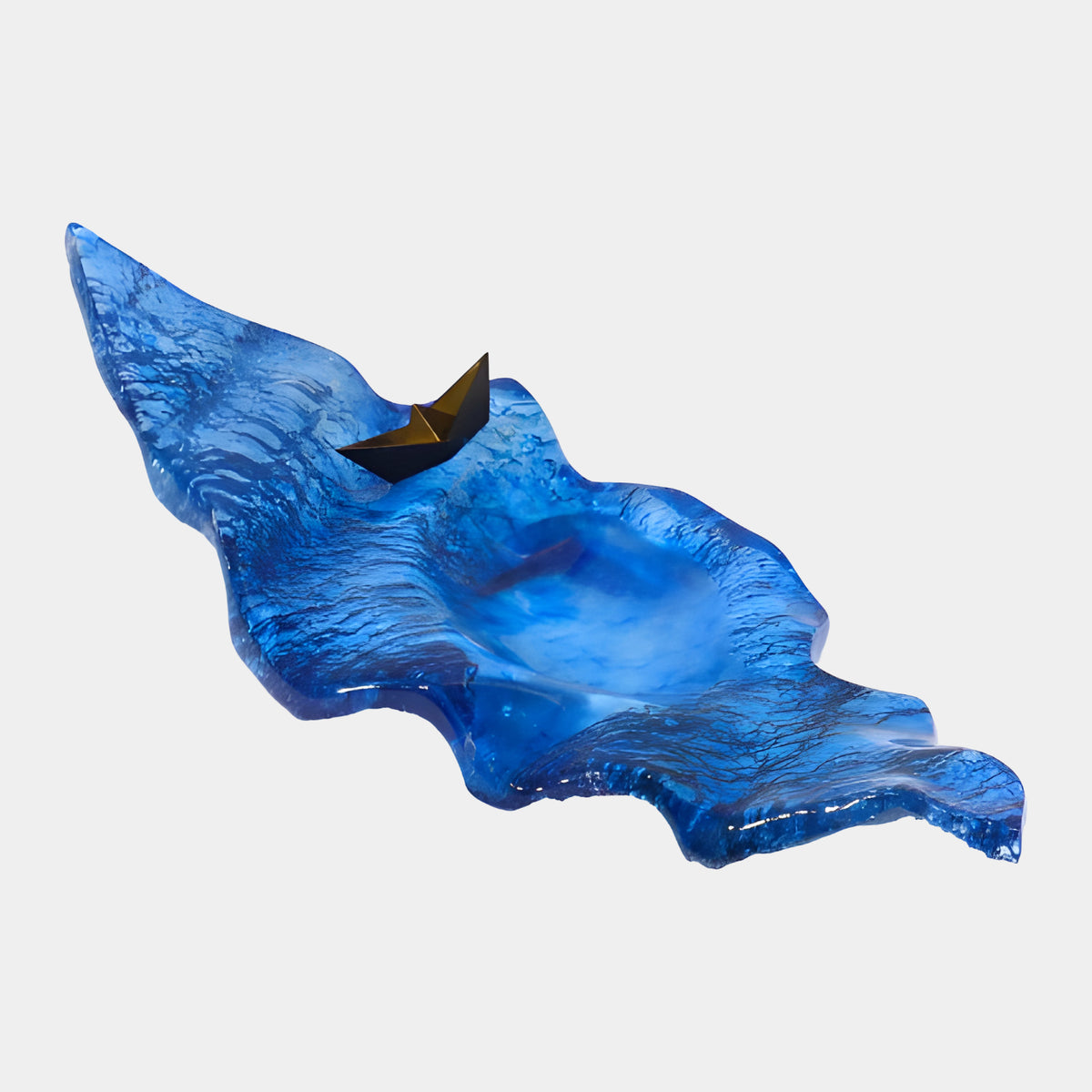 Blue Textured Dish & Gold-Toned Boat Resin Sculpture, 45cm, with rippled edges and a smooth center pool, on a plain white background.