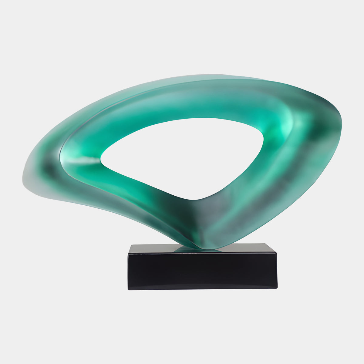Teal Frosted Triangular Loop Resin Sculpture (60cm) by Giant Sculptures, rounded triangular band on a black rectangular base, set against a plain white background.