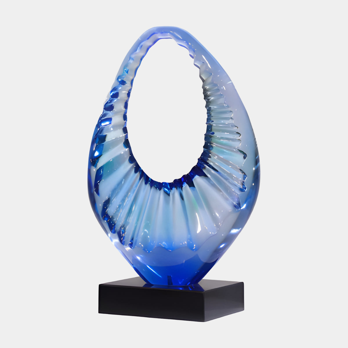 Blue Fluted Upright Ring Arch Resin Sculpture, 61cm, with fluted ring form on a black marble block, shown against a plain white background.