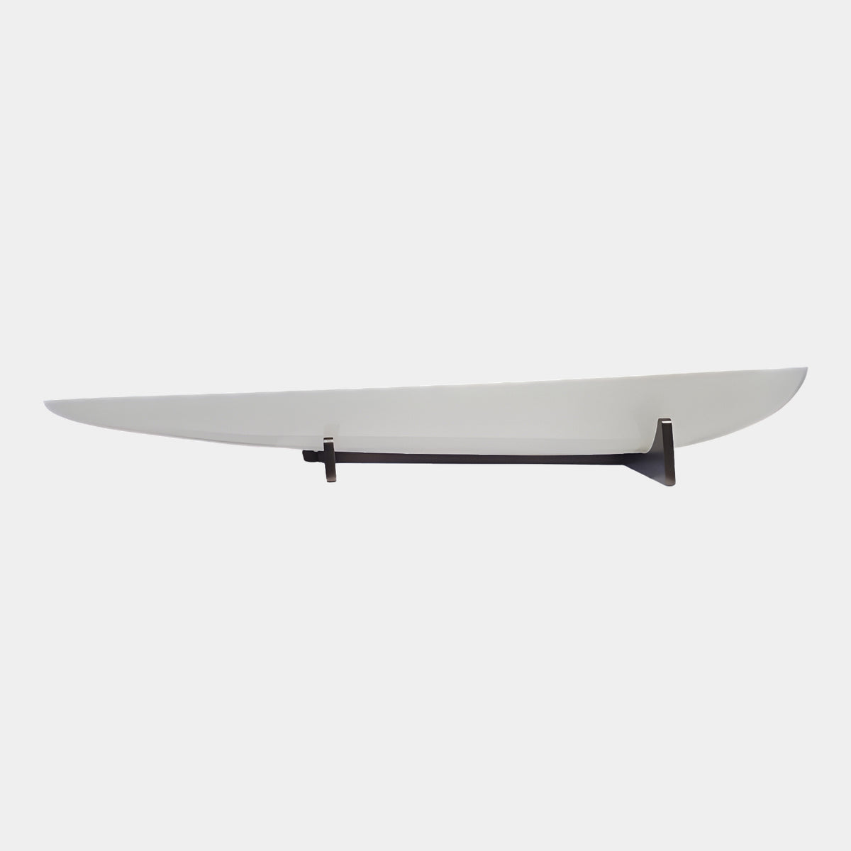 White Leaf Dish on Metal Feet Resin Sculpture - 70cm, elongated white leaf-shaped dish on dark metal feet with a connecting bar, shown on a plain light grey background.