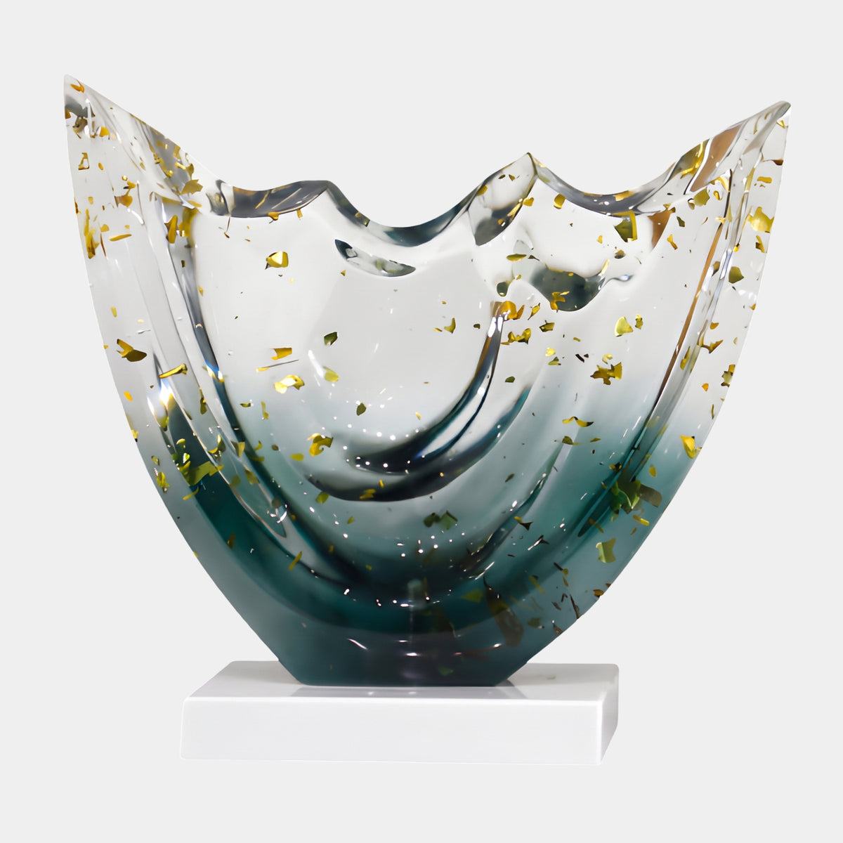 Teal Gold Fleck Scalloped Vessel Resin Sculpture, 36cm, clear resin with teal base and gold flecks, scalloped rim on a white marble base, plain white background.