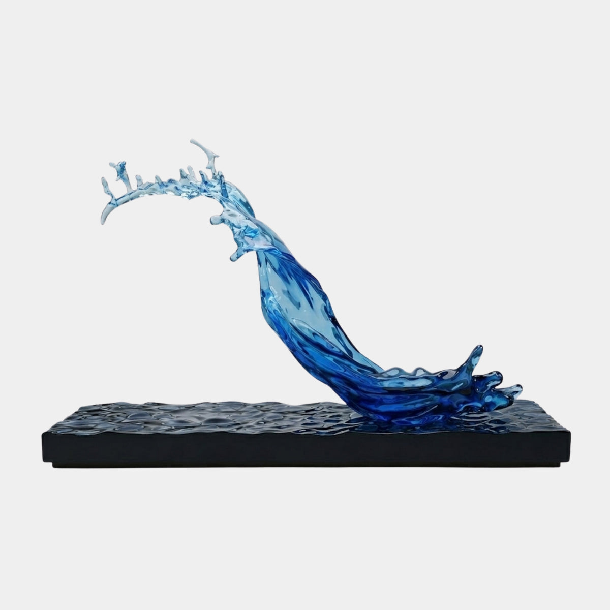 Blue Rearing Wave Resin Sculpture (280cm) by Giant Sculptures, a curling blue resin wave with pale crest and spray fingers on a dark textured base, shown on a plain white background.