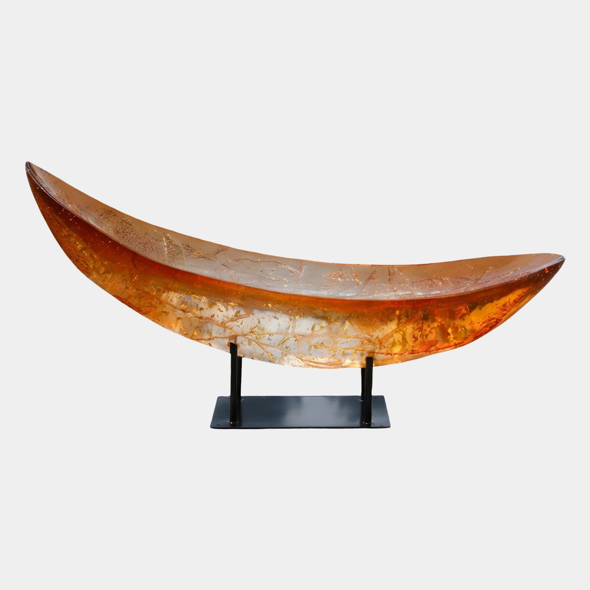 Amber Crackled Boat Vessel on a Metal Stand Resin Sculpture, 160cm, crescent-shaped with orange crackle veining and gold flecks, on a black metal base against a plain white background.