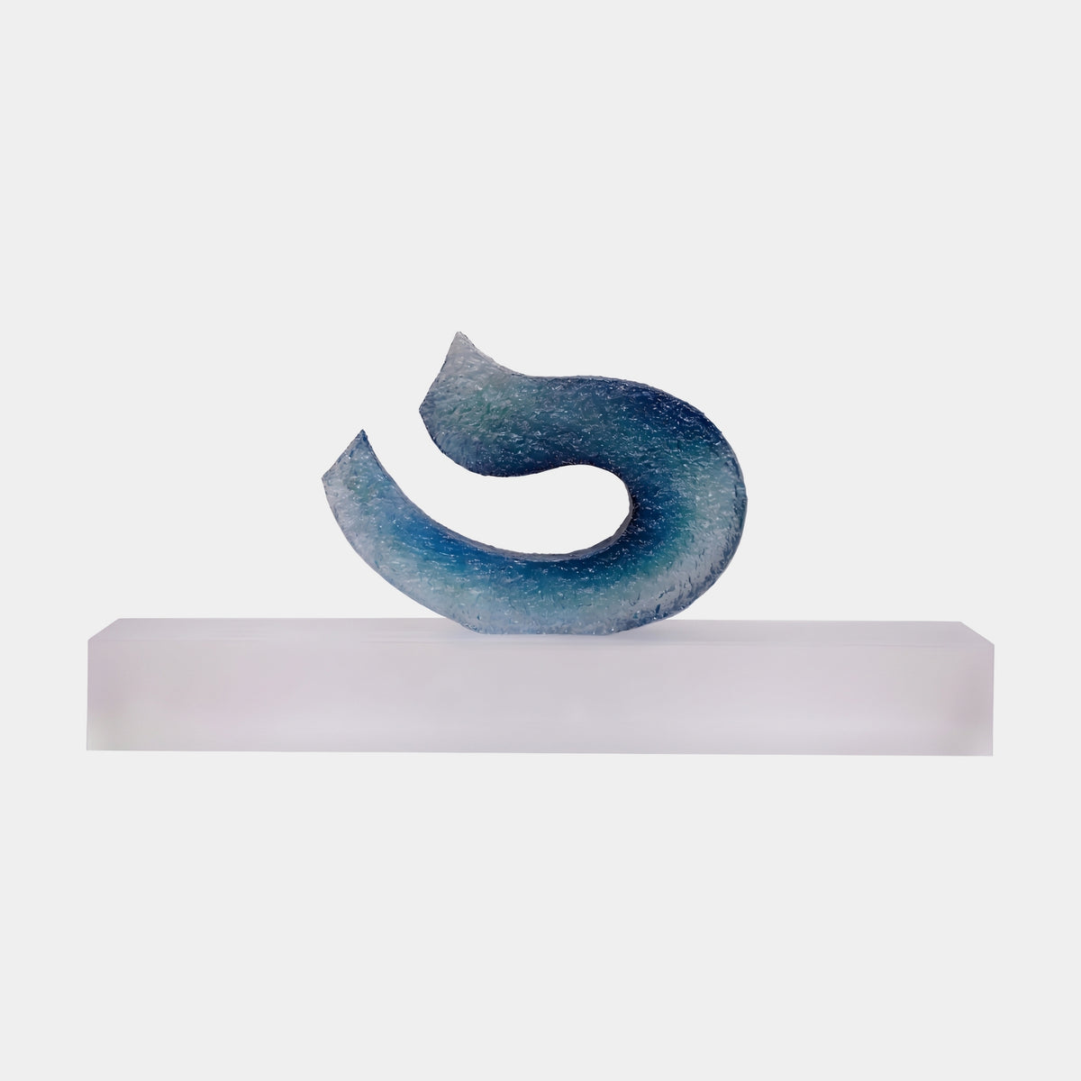 Blue Granulated Spiral Curl Acrylic Bar Sculpture, 160cm, a granulated blue resin spiral with angled tips set upright on a frosted acrylic bar, shown against a plain white background.