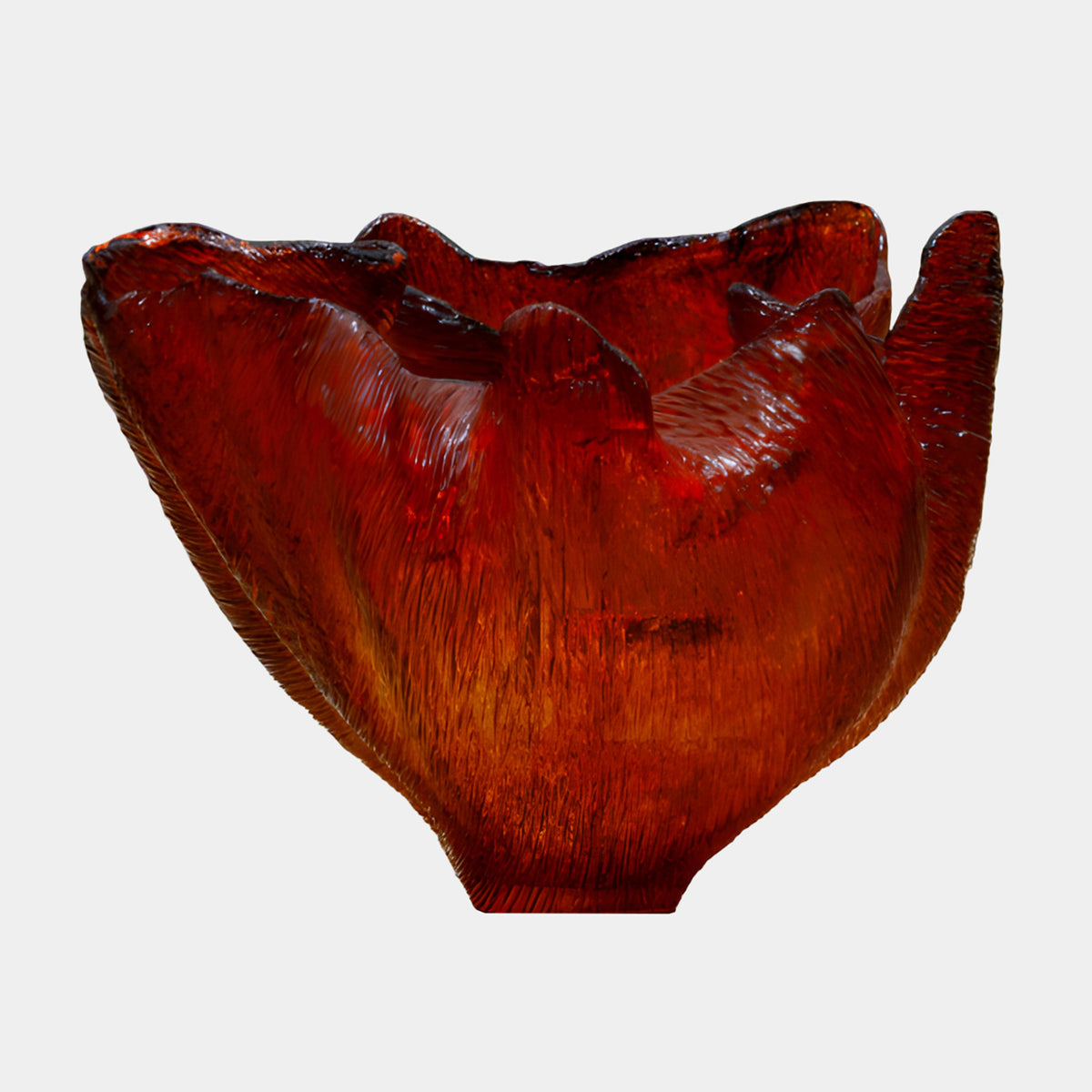 Red & Amber Combed Petal Vessel Resin Sculpture, 100cm, flower-like flared bowl with vertical combed grooves on a narrow foot, set against a plain white background.