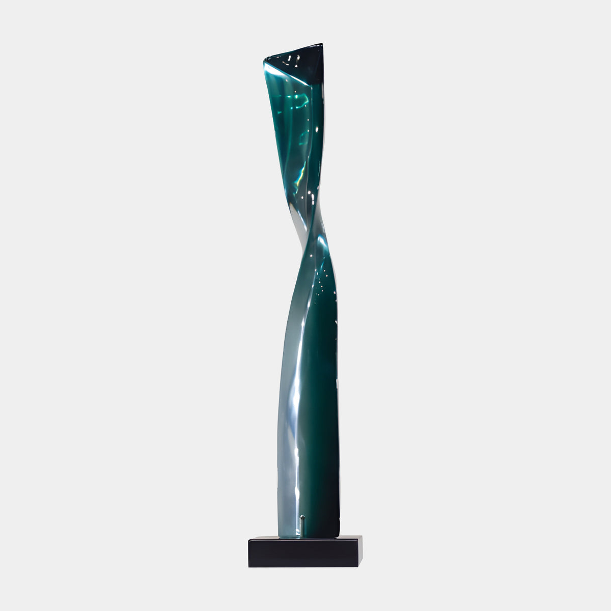 Teal Twisted Spiral Column Resin Sculpture, 80cm, with a half-turn form shifting from deep teal to pale grey, set on a black marble base against a plain white background.