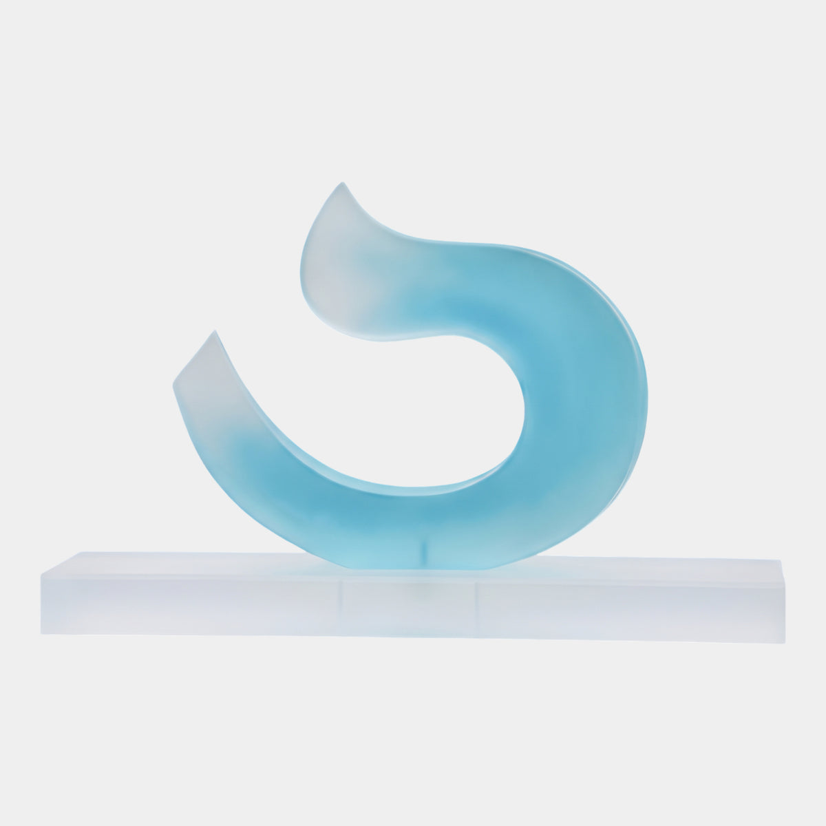 Teal Frosted Hollow Comma Wave Resin Sculpture, 120cm, on a long frosted acrylic base, set against a plain white background.