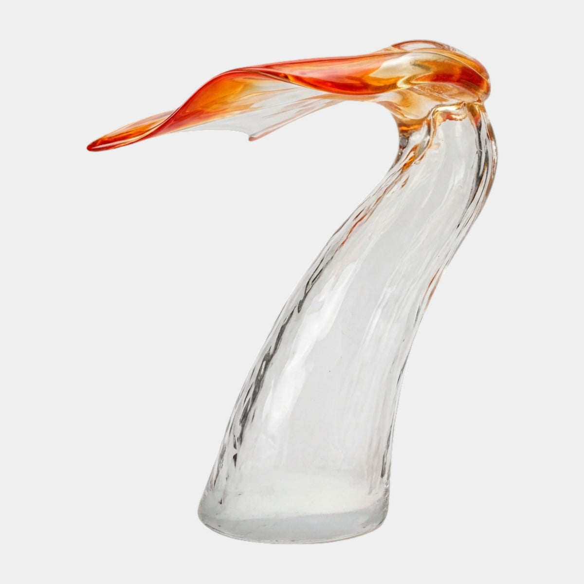 Clear & Amber Swept Whale Tail Resin Sculpture, 108cm, with a rippled clear trunk and an amber, red-orange streaked fluke, on a plain white background.