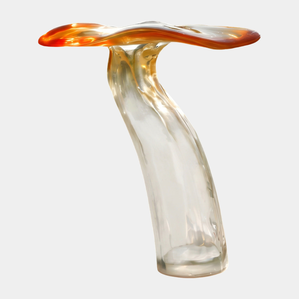 Clear & Amber Spread Fluke Whale Tail Resin Sculpture, 96cm, with a rippled clear trunk rising to a broad amber and red-orange fluke, on a plain light background.