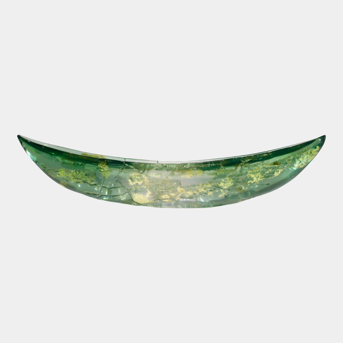 Green Gold Fleck Crazed Boat Resin Sculpture, 120cm, a long pointed boat form in crazed bottle-green resin with gold-toned flecks, on a plain white background.
